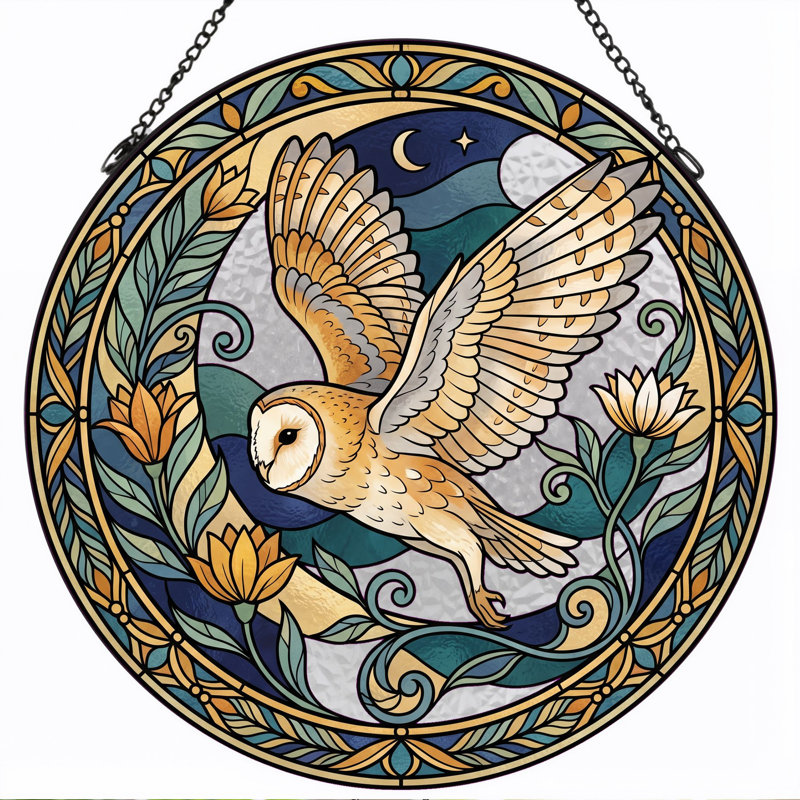 Owl Flight Stained Glass Window Panel，7.8H, 7.8"H