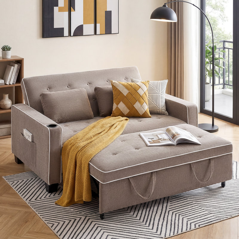 64.8" Full Square Arm Tufted Back Convertible Sleeper Sofa with Cushions and Cup Holder, Cream