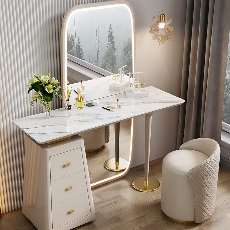 Table de coiffeuse intégrée avec tiroirs de rangement et miroir debout Light Luxury
