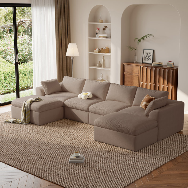 Canapé d'angle Cloud surdimensionné en forme de U de 138 po avec double méridienne, canapé modulable 6 places sans structure, assise profonde, en tissu mousse bicolore, aucun assemblage requis, Khahi