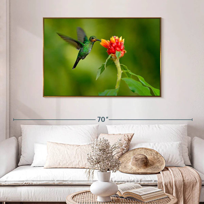 Fleur et colibri vert, 46 po x 31 po, Cadre flottant doré
