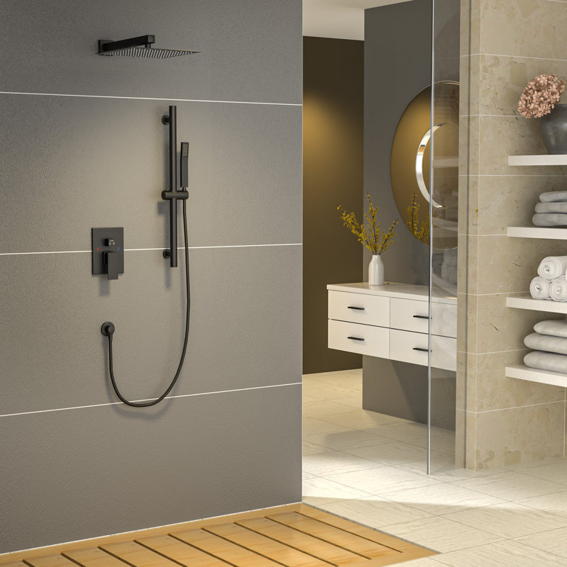 10" Rainfall Slide Bar Shower Head Wall Mount Complete Shower System with Rough-in Valve, Matte Black