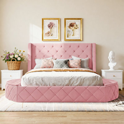 Lit plateforme tapissier grand en velours avec tête de lit à oreilles et 1 grand tiroir, 2 tabourets de rangement latéraux (rose)