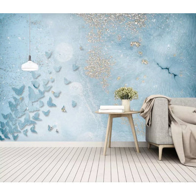 Papier peint aquarelle bleue avec étincelles et papillons