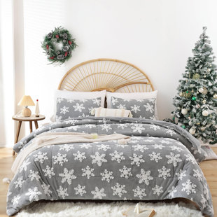 JANZAA Christmas Comforter Set 3 Pieces - White Snowflake 3D Velvet Comforter With Two Pillowcases