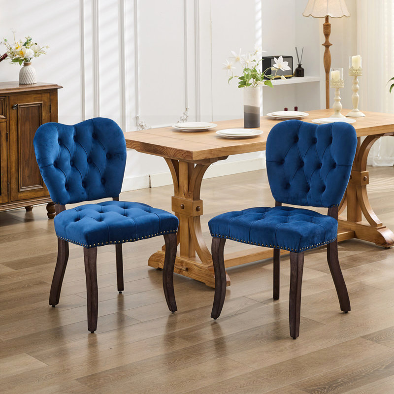 French Vintage Tufted Upholstered Fabric Dining Chair, Blue