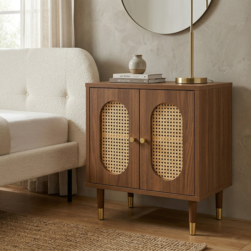 Lille 2 Door Rattan Bedside Cabinet, Walnut