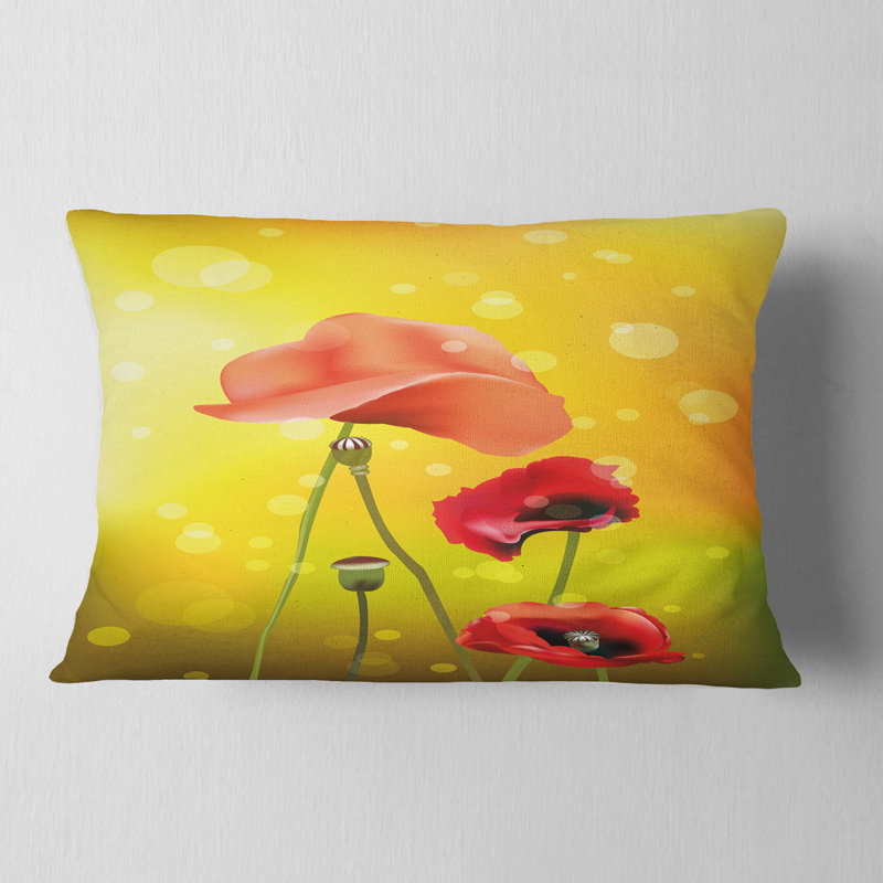 Coussin décoratif à fleurs rouges sur fond jaune, 12 po x 20 po, Rectangle