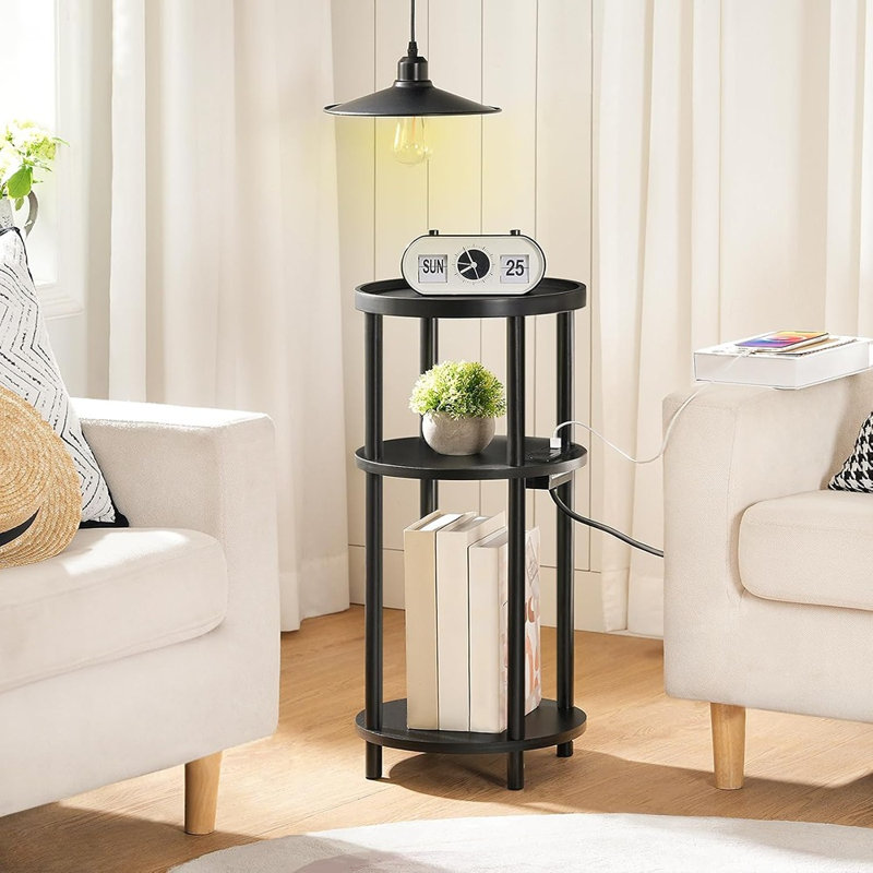 Ensemble de 2 tables d'appoint rondes avec station de recharge, tables de chevet modernes en bambou à 3 niveaux pour salon et chambre à coucher.