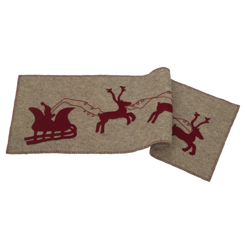 Handmade Hand Felted Wool Table Runner with Reindeer and Sleigh