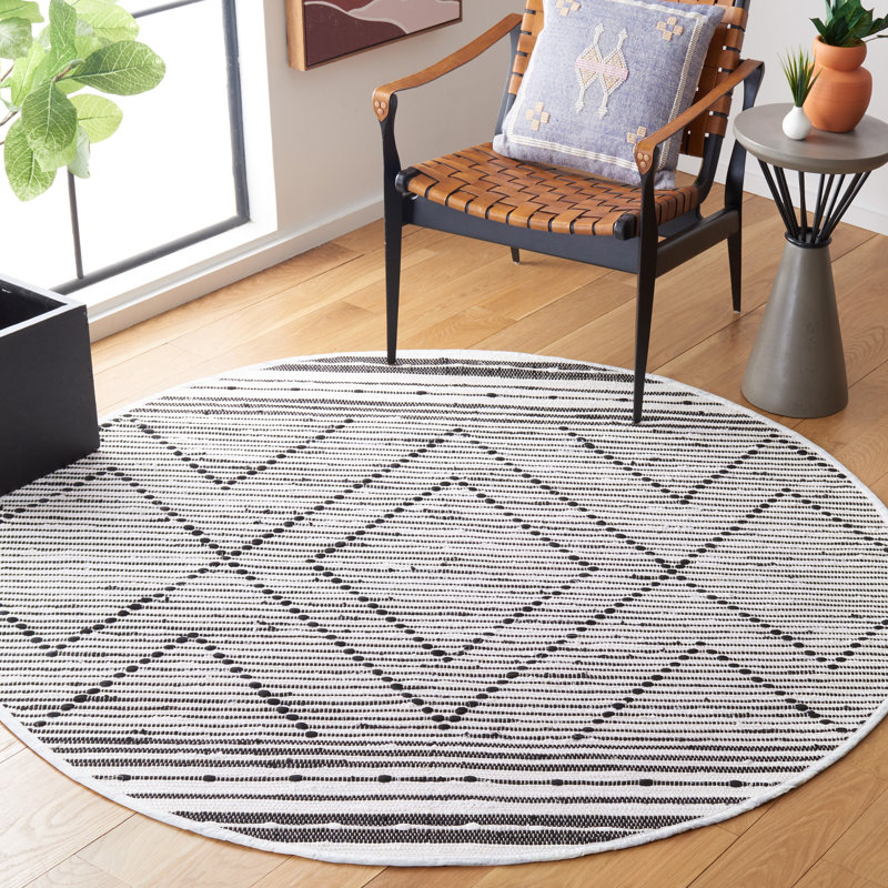 Striped Kilim Flat Weave Cotton Geometric Rug, Round 6'
