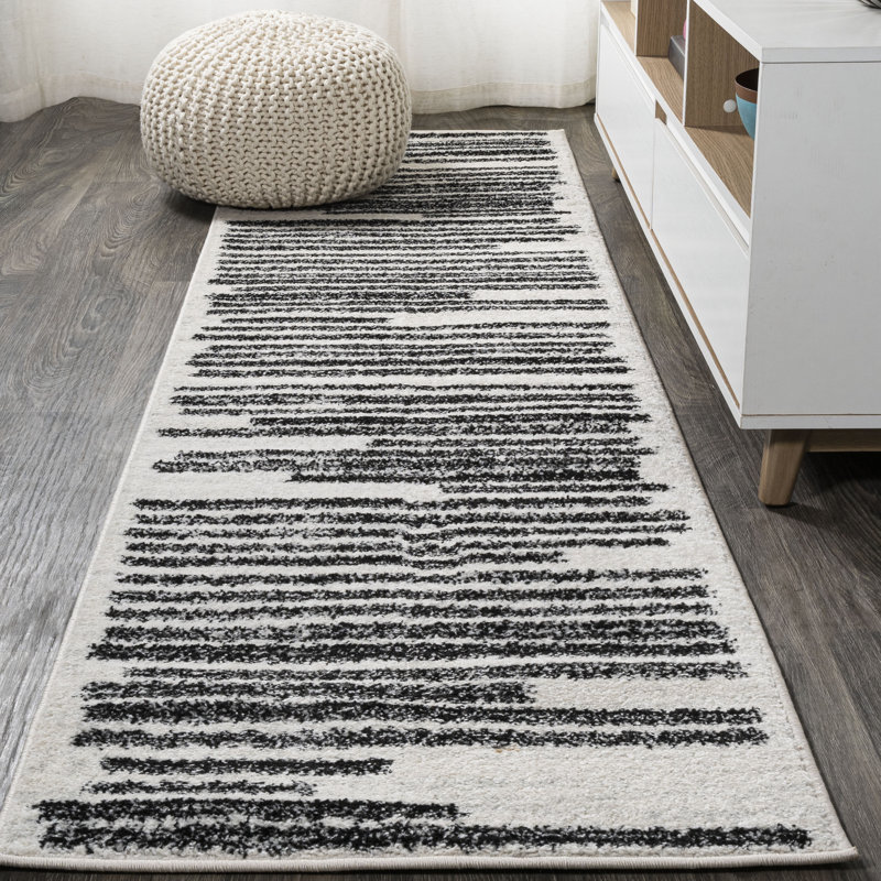 Augie Modern Berber Stripe Cream/Black Rug, Runner 2'2" x 10'