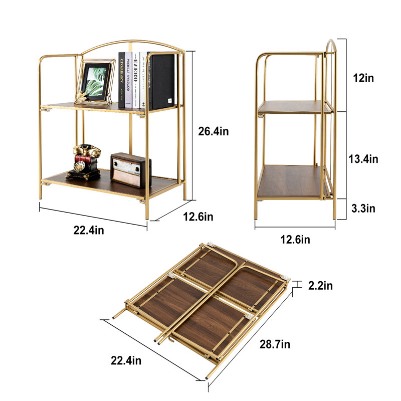 Lejon No Assembly Folding Etagere Bookcase, (2 Shelves ) 26.4" H x 22.4" W x 12.6" D, Gold