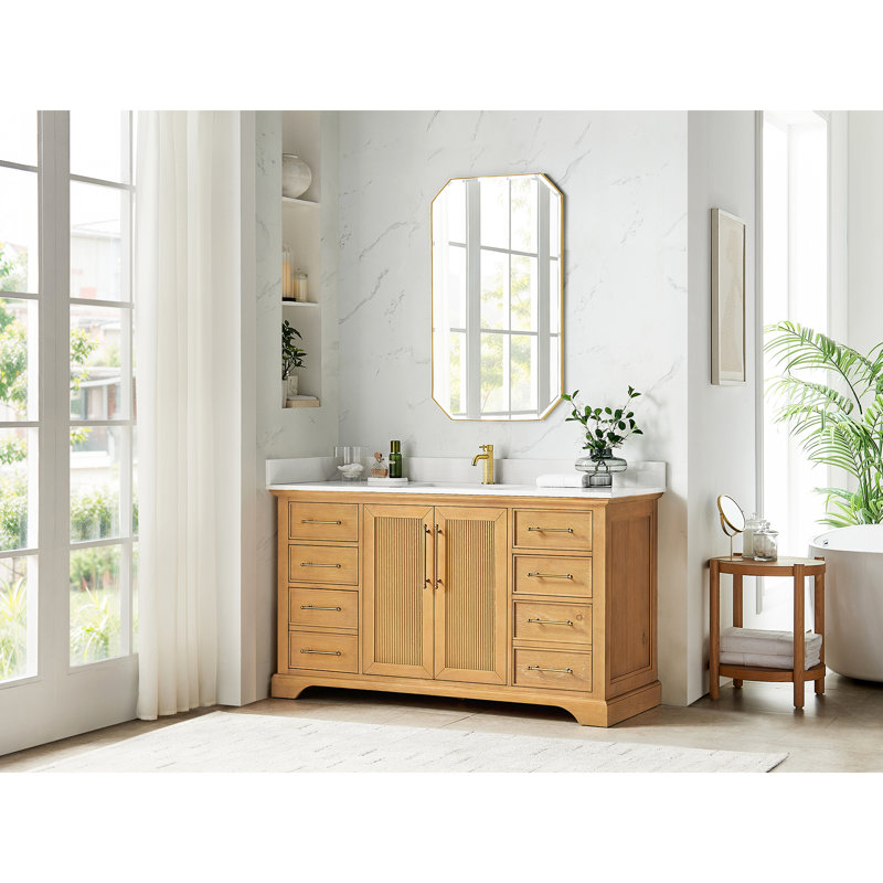 Epworth 60" Single Bath Vanity in Oak Natural Brown with Silk White Quartz Stone Top, Oak Natural Brown