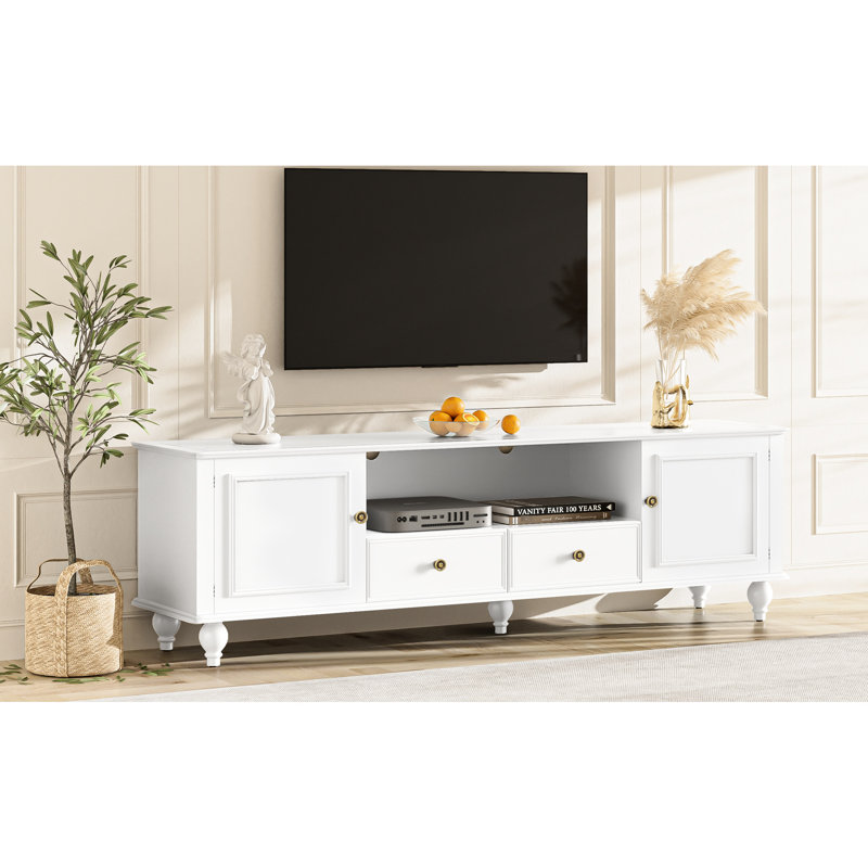 Meuble télé moderne de 80 pouces avec 2 tiroirs, 5 armoires, 5 pieds pleins et un compartiment ouvert pour les besoins d'installation de la maison