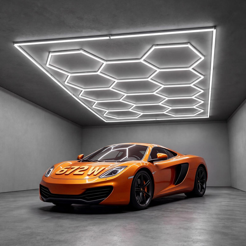 Projecteur à DEL hexagonal pour garage 672 W 80 640 lm 6 500 K, système à 14 grilles, éclairage puissant pour la vente au détail automobile, avec cadre rectangulaire, installation facile, pour garage, entrepôt, atelier, magasin, salle de sport