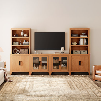 Meuble audio-vidéo avec tablettes, meuble télé 4 pièces avec tours de rangement, console média de ferme avec portes en verre pour salon, chambre à coucher, moka