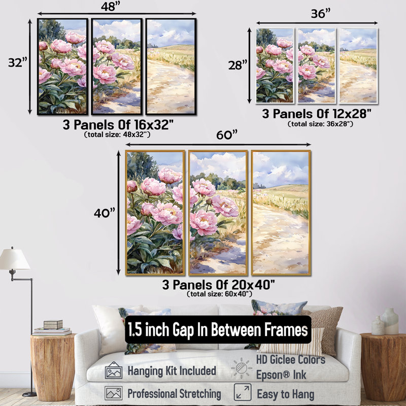 Pivoines le long de l'allée de la ferme I - Art mural pivoines - ensemble de 3, H 32 po x l 48 po, Doré