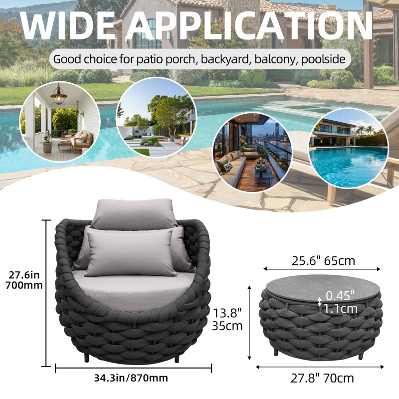 Ensemble de chaises de patio pour 2 personnes avec table basse, 3 Pcs: Table, 2 Chairs, Light Grey, Dark Grey Textilene Rope