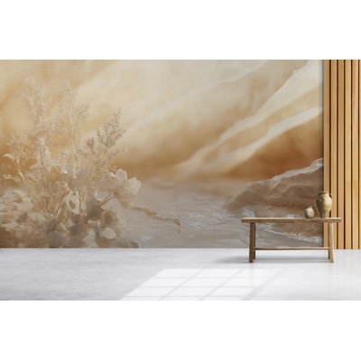 Papier peint fleurs dorées abstraites dorées - art mural botanique 3D doux, décoration murale de luxe inspirée de la nature pour chambre à coucher, salon, spa ou hôtel