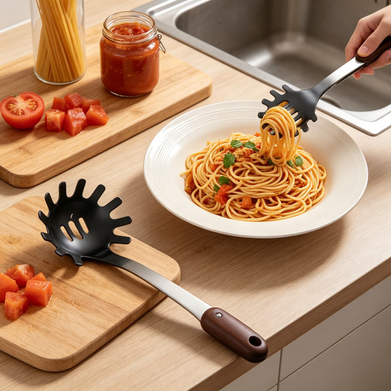Ensemble d'ustensiles de cuisine 6 pièces en acier inoxydable avec poignées en bois - Outils de cuisson polis miroirs, y compris Turner, Spatule, Louche, Écumoire, Cuillère solide et Fourchette à pâtes
