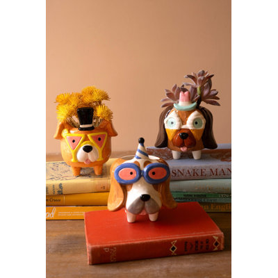  Ceramic Party Puppy Planters 5.5"H Multi Color Glazed Whimsical Accent Set of 3