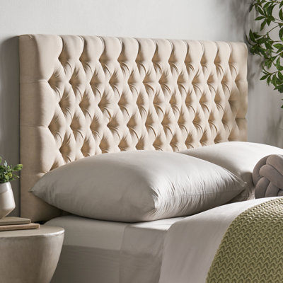 Tête de lit tapissier pour lit grand en beige moderne, chambre à coucher design beige contemporain, taille, tissu recouvert, assemblage requis