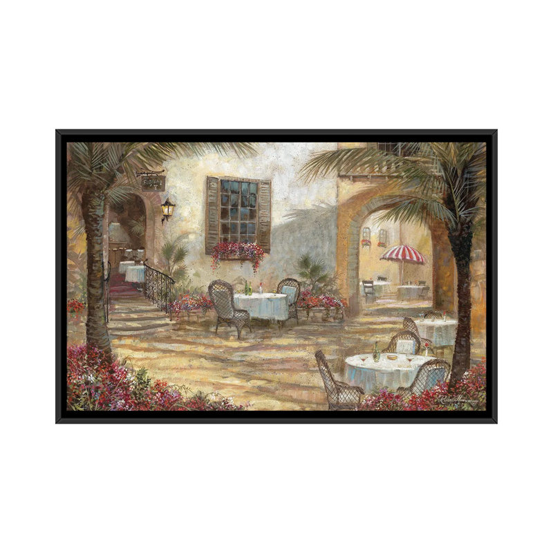 «Courtyard Ambiance» par Ruane Manning - reproduction d'art, H 18 po x l 26 po x P 1,5 po, Toile avec cadre noir, Aucun mat