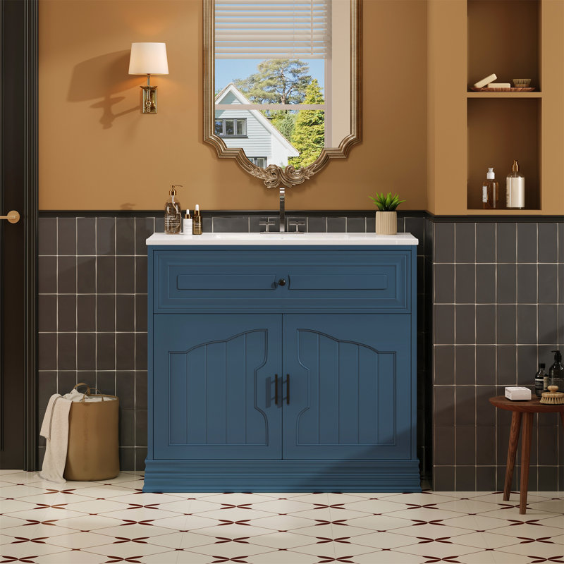 Meuble-lavabo bleu 36 po avec lavabo en céramique et portes à fermeture en douceur 36 po