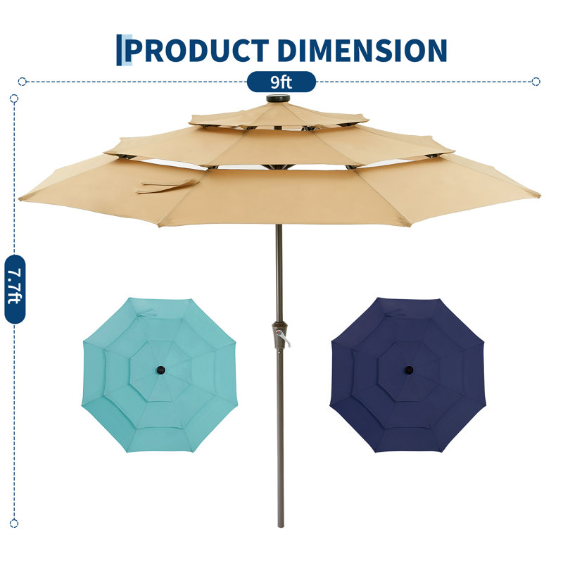 9ft 3-Tier Solar Patio Umbrella, 24 LED Lights, Crank & Tilt, 8-Rib Vent for Deck, Pool, Garden, Beige