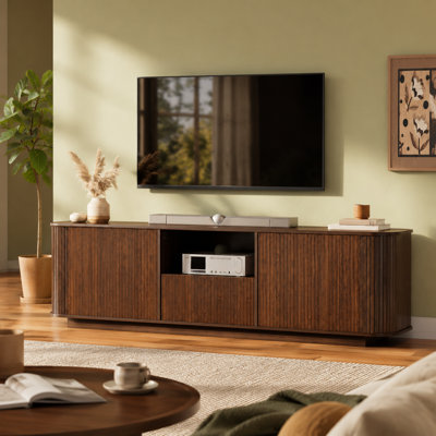 Meuble télé moderne pour téléviseurs de 80 po ou moins, centre de divertissement multimédia spacieux avec rangement dissimulé, coins arrondis doux pour les enfants, fabrication robuste et durable