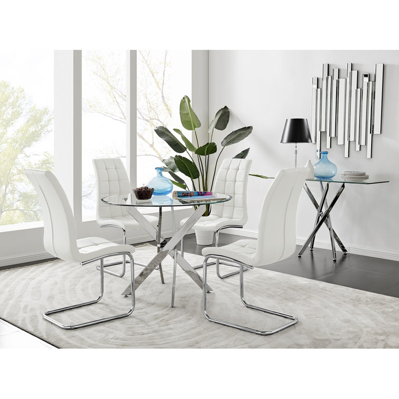 Tierra Sleek Metal and Glass Round Dining Table Set with 4 Faux Leather Upholstered Dining Chairs, White