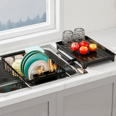 Kitchen Dish Drying Rack Over Sink, Expandable Stainless Steel Dish Drainer with Drain Board and Utensil Holder, 14.5 x 10.4 x 5.3 Inch (Black)