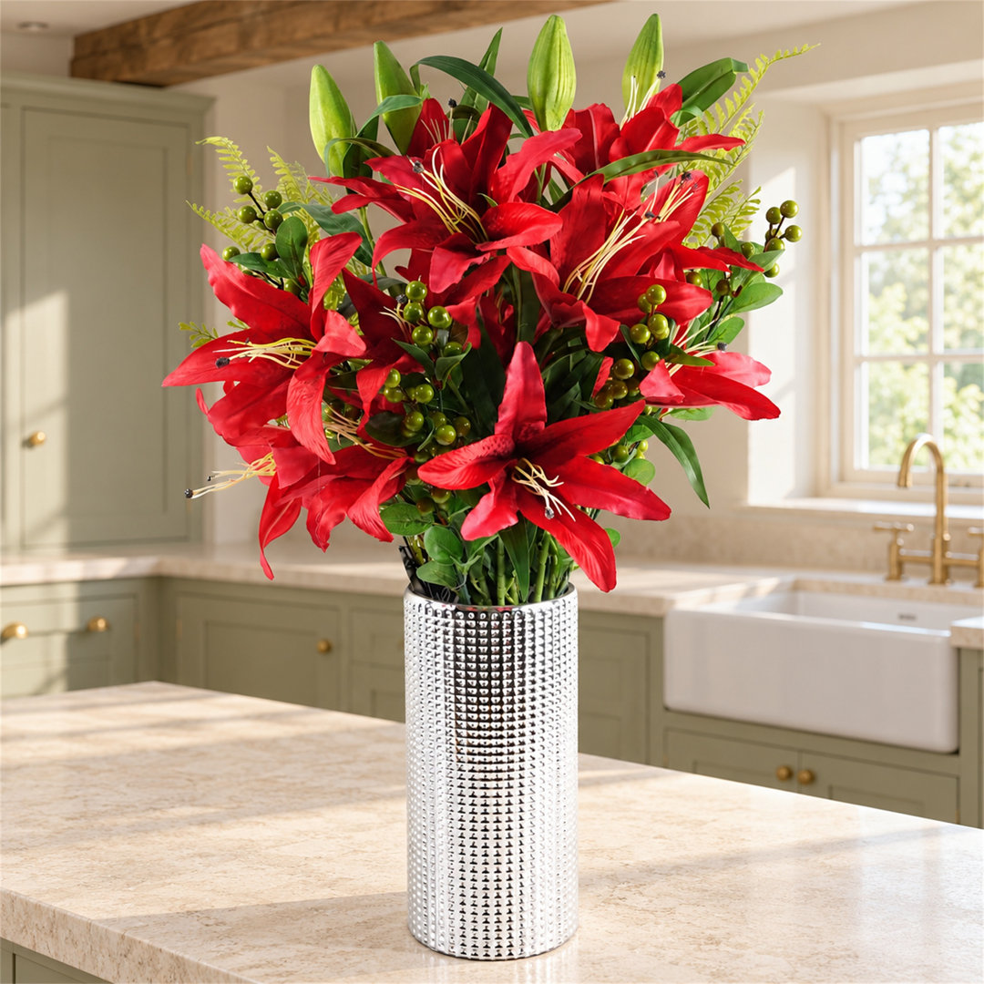 Leaf Red Lily Artificial Flower - 70cm - Silver Vase - Image 5
