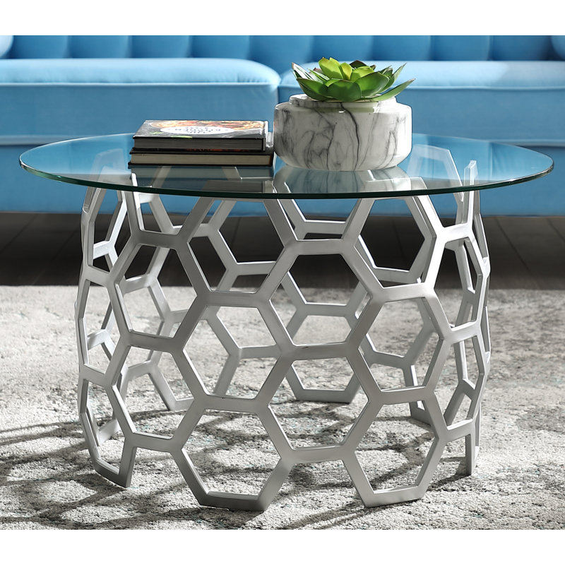 Mattea Clear Glass Round Top Coffee Table with Metal Frame, Silver