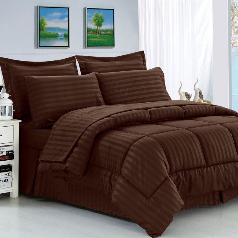 Polyester Baffle Box Stitch Striped Comforter, Chocolate, Full/Queen Comforter + 7 Additional Pieces