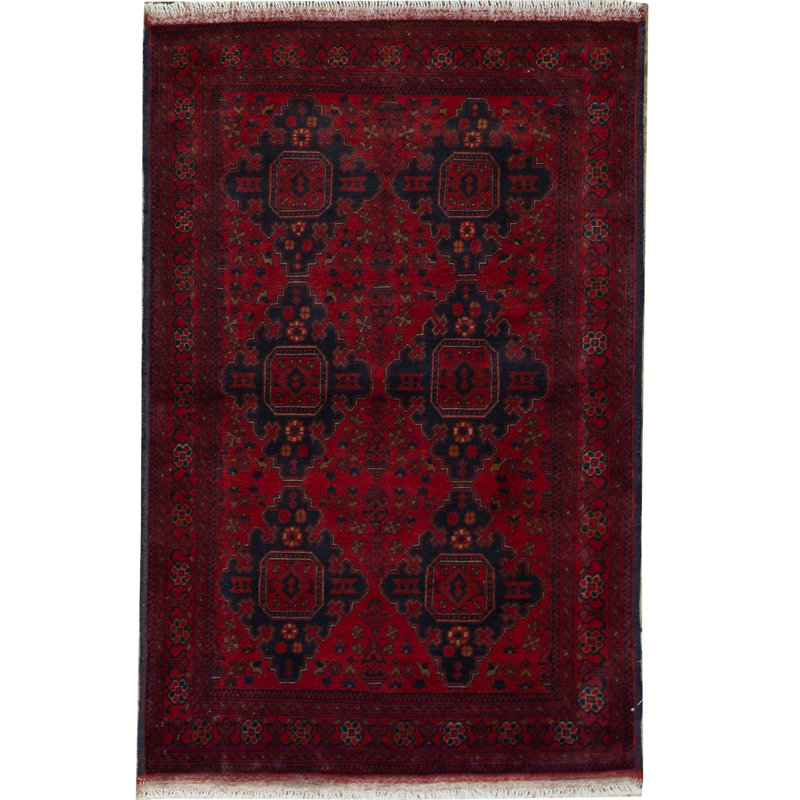 Tapis rouge, noir et brun noué à la main de haute qualité