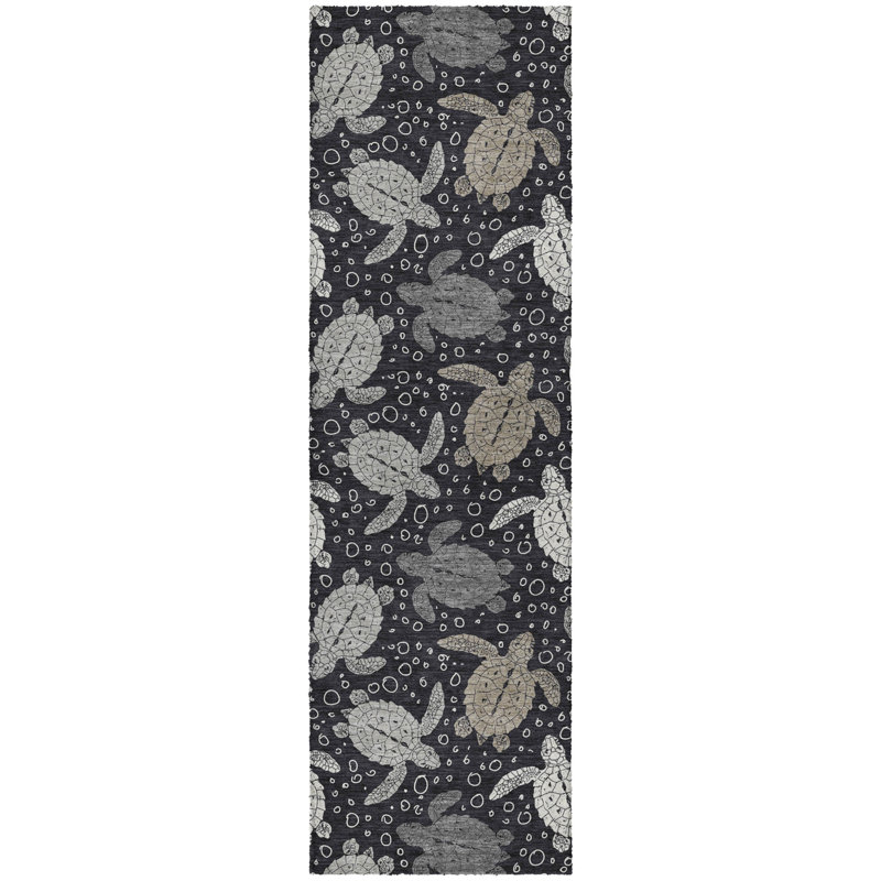 Premium Machine Washable Dream Shag ADS192 Turtles Rug, 2'3" x 7'6" Runner, Midnight