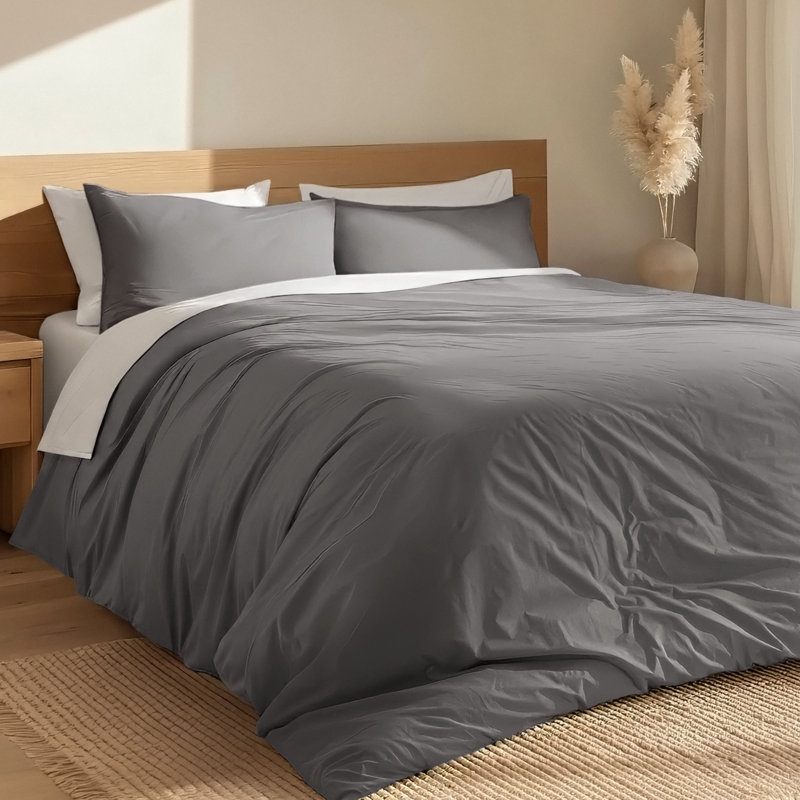 100% Cotton Duvet Set – Crisp Percale Weave – Lightweight & Breathable, Gray, California King Duvet Cover + 2 King Shams