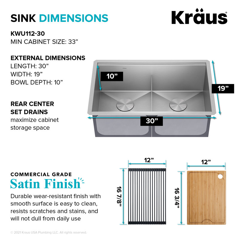 KRAUS Kore™ 30" L Undermount Workstation 16 Gauge Stainless Steel Double Bowl Kitchen Sink