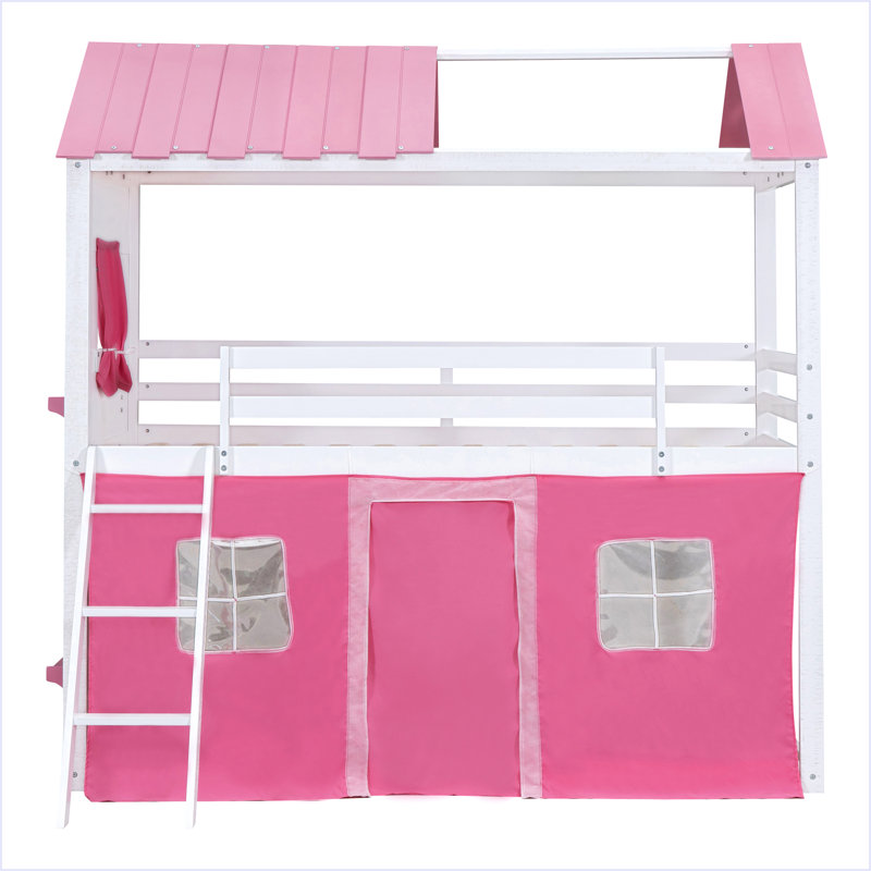Lit superposé en bois avec fenêtres élégantes, Rose, Lit simple