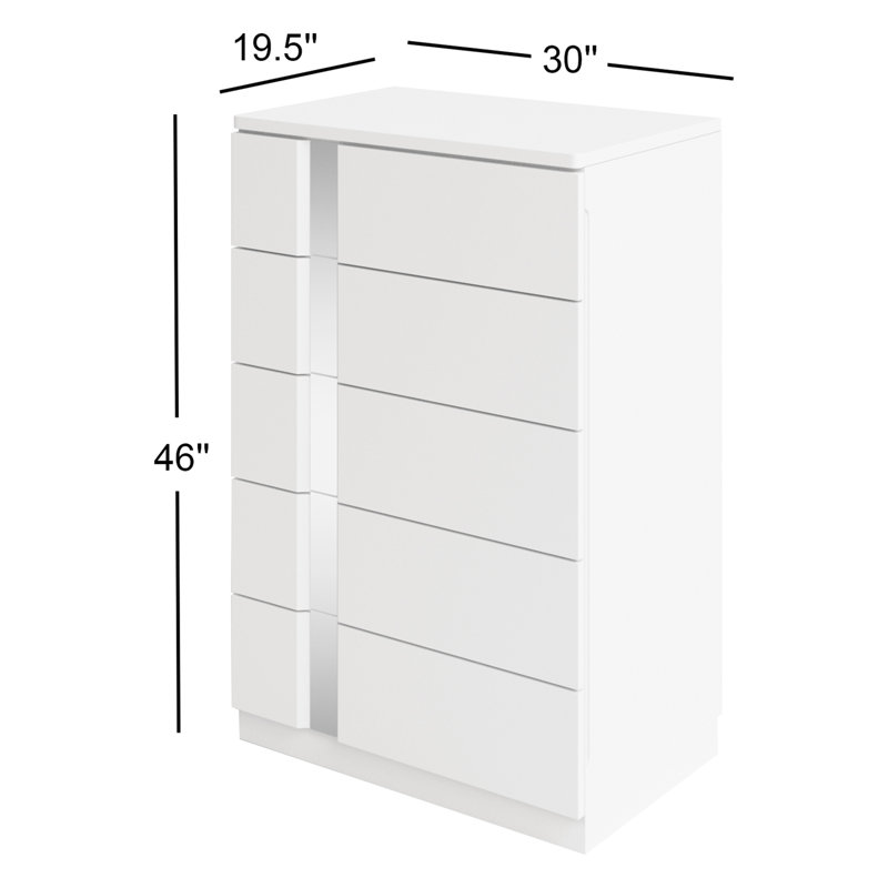 Commode 5 tiroirs Augie, Laque blanche, miroir