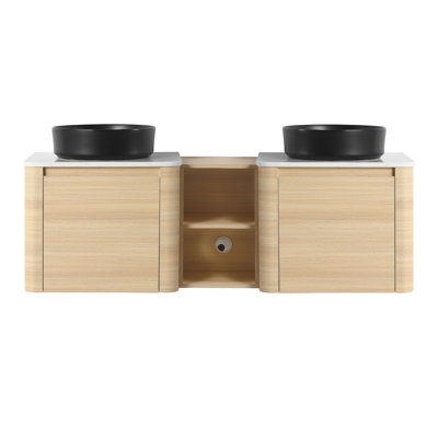 Meuble-lavabo mural 60 po avec lavabo d'art en céramique et 1 tablette de rangement, porte à fermeture en douceur, emballage KD, contreplaqué