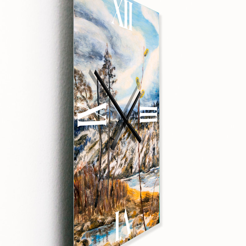 Horloge murale paysage de printemps avec ciel nuageux et rivière, Grand