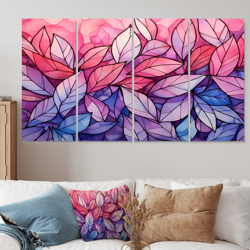 Ensemble de 4 décorations murales roses et mauves à motif de plantes tropicales II - fuschia, H 32 po x l 64 po