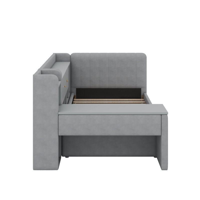 Lit de jour simple tapissier avec tiroirs, tablettes, armoires rabattables et table d'appoint, Gris