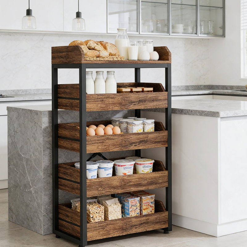 Support de rangement polyvalent en bois avec cinq tiroirs, idéal pour la cuisine et le salon