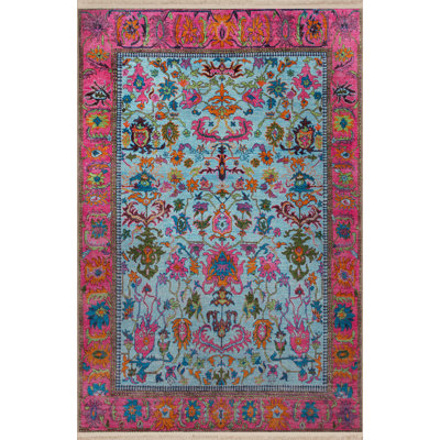 Blue-Pink Themed Traditional Motif Ethnic Floral Patterned Fringed Vintage Decorative Rug