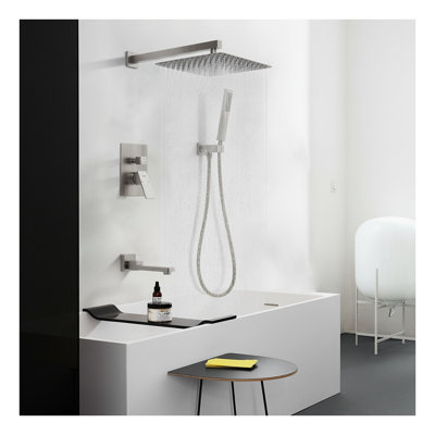 Brushed Nickel Rain Shower Head System with Bathtub Faucet Set, 3 Function NPT Folding Shower Faucet with Handheld for Bathroom