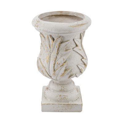 Ornate Magnesium Urn Planter With White Finish And Carved Details
